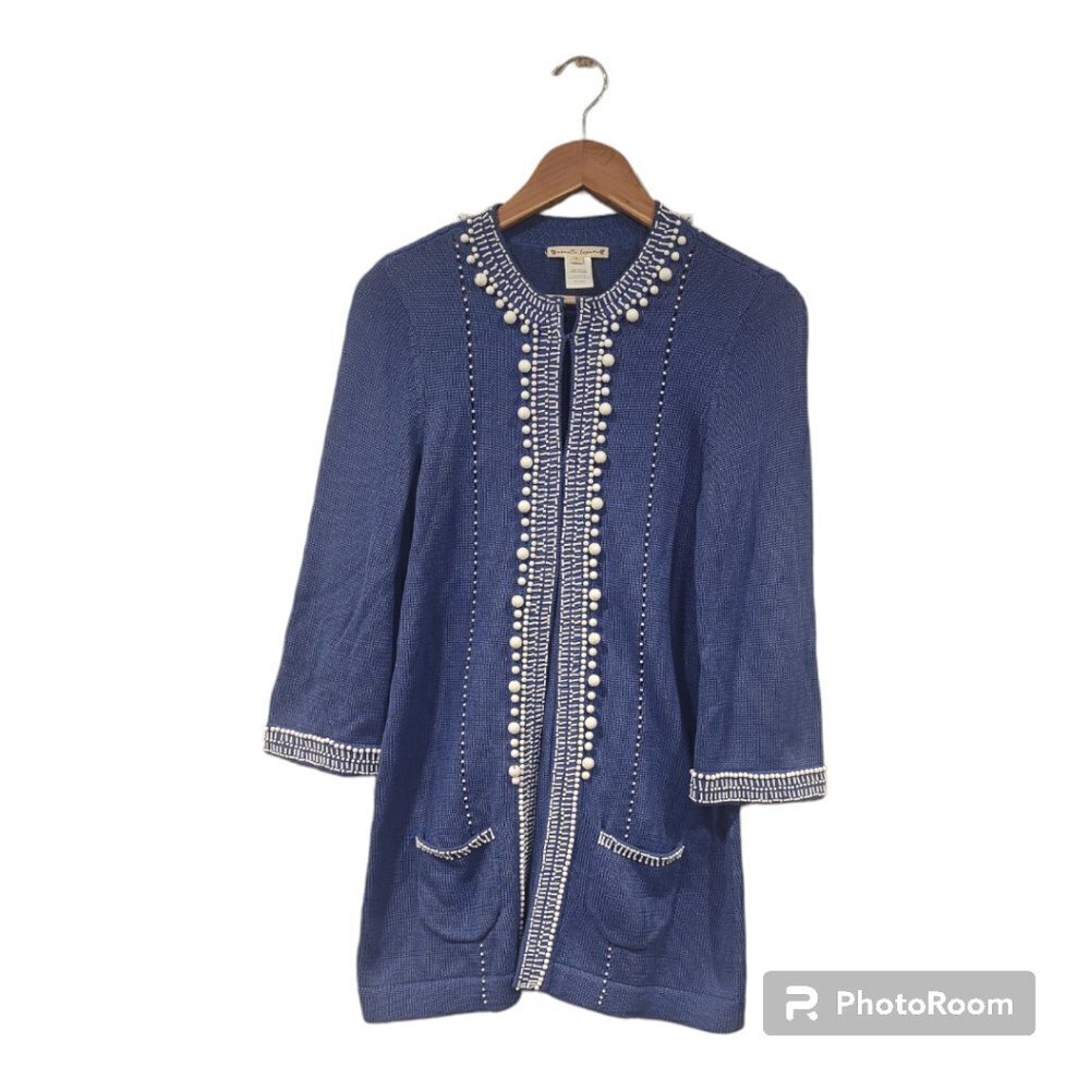 Anthropologie Nanette Lepore Women's Blue Cotton Sweater White Beading Sz Small